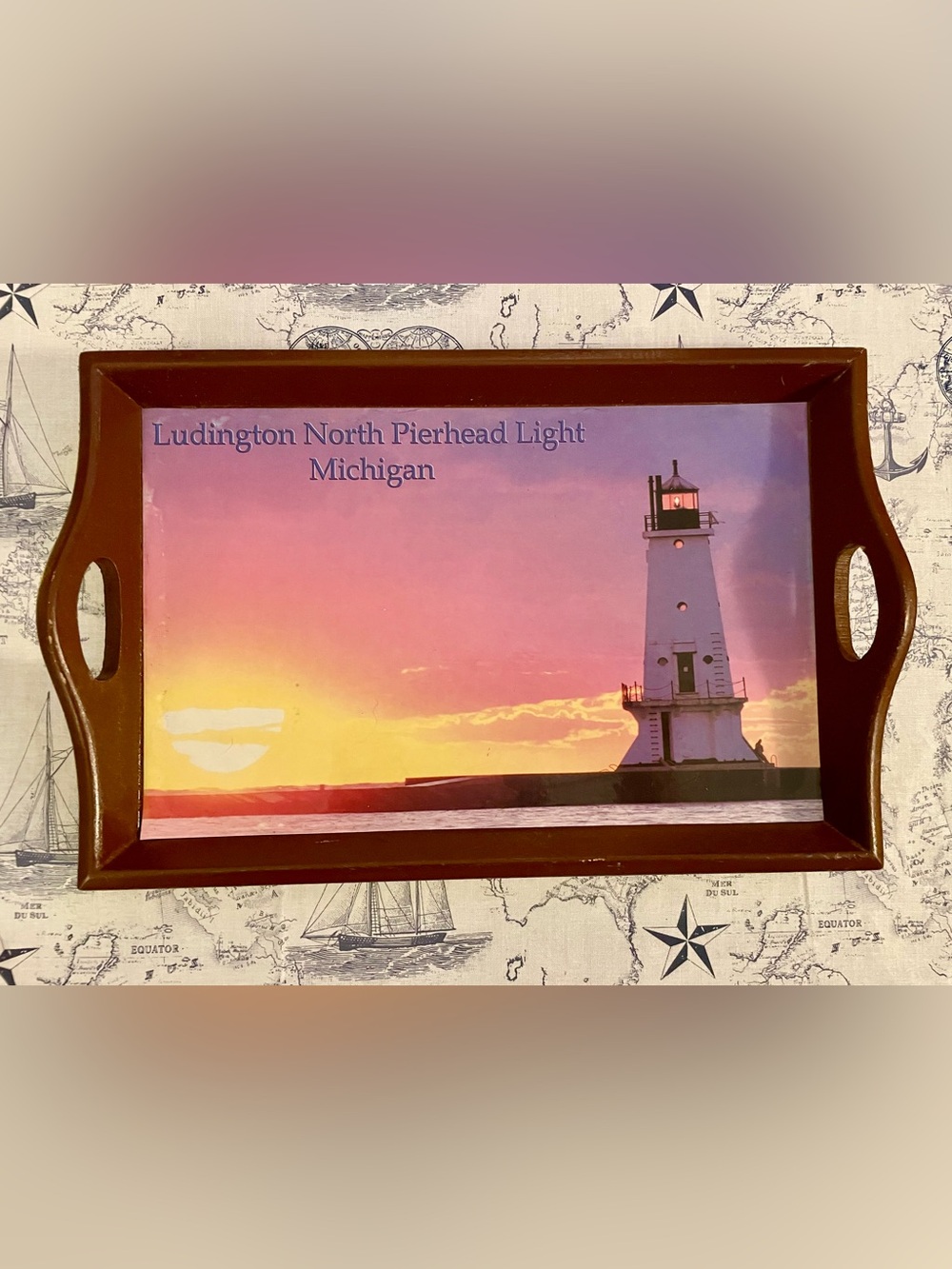 Ludington North Pierhead Light Michigan Wooden Decorative Tray | Coastal